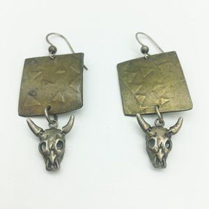Western Brass Bull Steer Earrings Cow Skull Dangle Rustic
